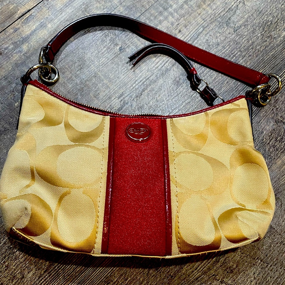 Coach Signature C Stripe Demi Khaki/Red Handbag